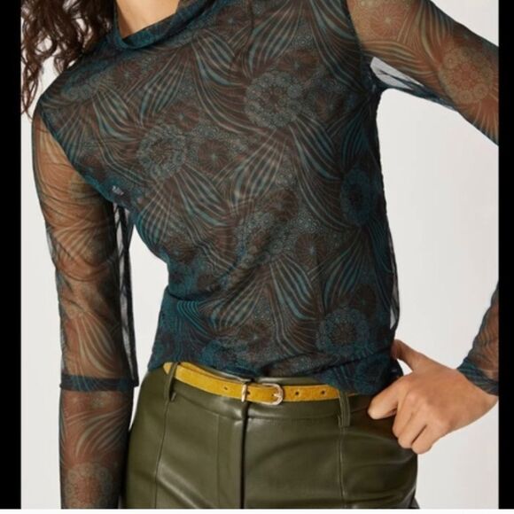 Anthropologie green Sheer Asian print Mock Neck Top M - Picture 1 of 10
